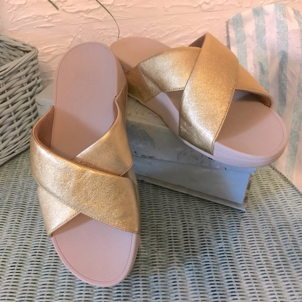 Fitflop Lulu Cross Slide Sandals Gold Size 7